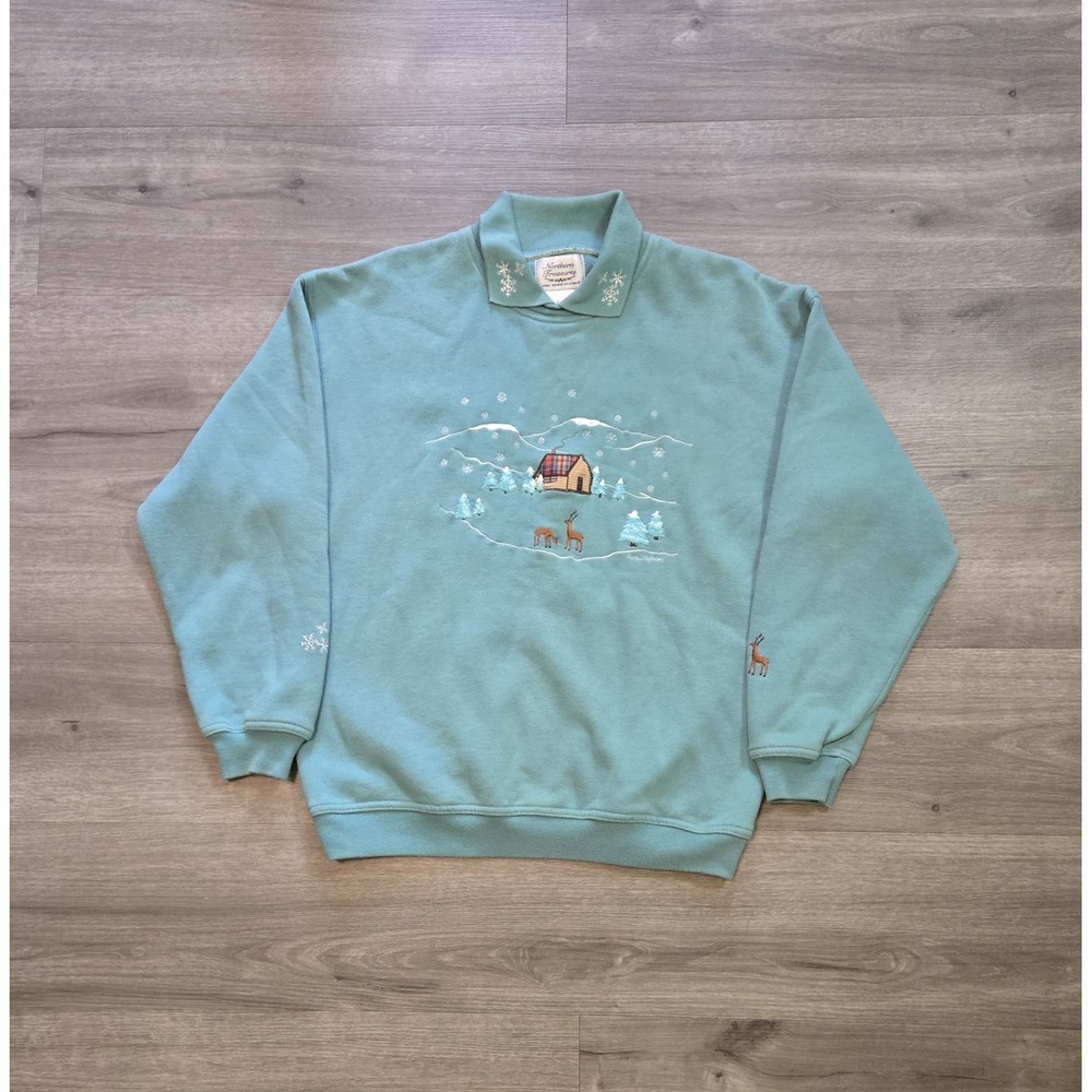 VTG Northern Treasures Embroidered Cabin Winter Scene Sweatshirt Women's Small